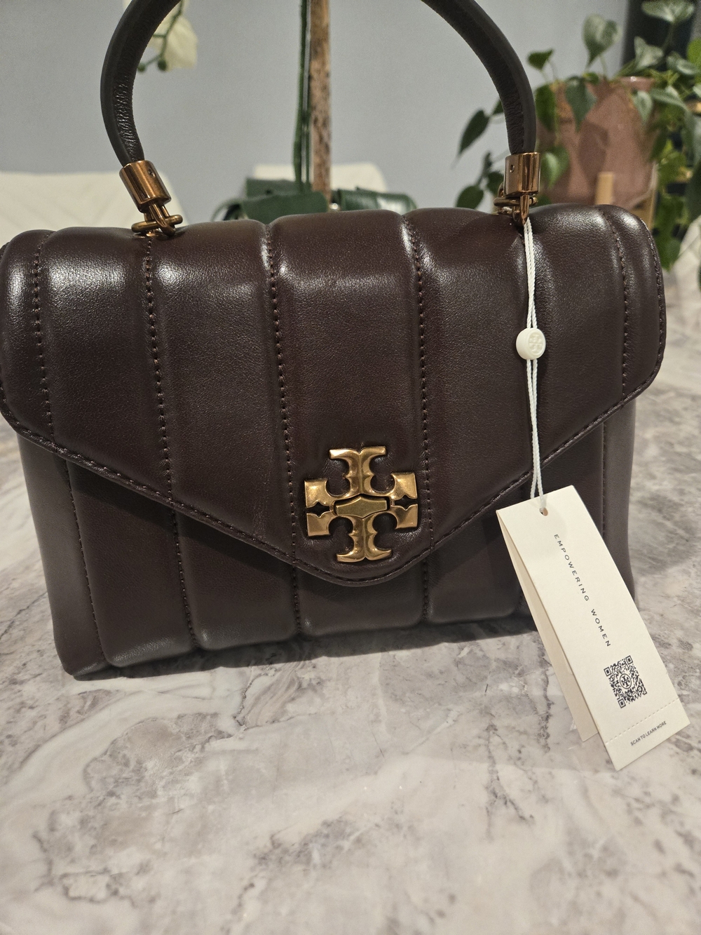 Tory Burch Dark Brown Quilted Leather Top-Handle Satchel with Gold Logo